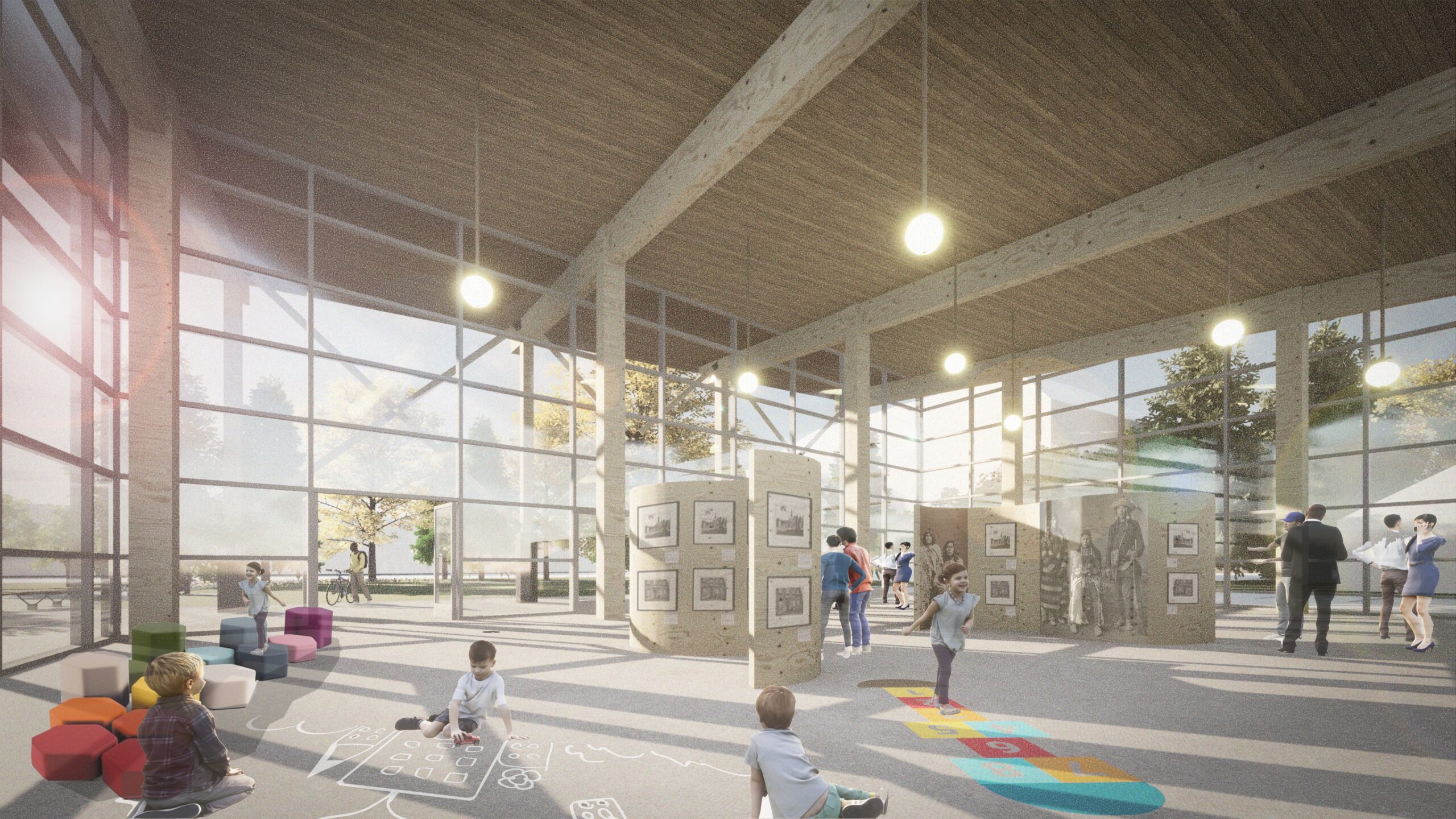 Interior visualization of Community building, designed by nba architects. Project is focused on sustainable construction and includes traditional exposed mass-timber, post & beam construction, and a low pitch long-span roof.