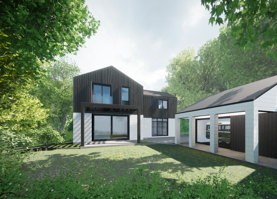 a front rendering from the side angle of low carbon, net zero energy and net zero operation carbon house with a secondary suite. N B A architect's objective is to meet Step Code 5 energy efficiency and construct a home primary design concept centres around creating a multi-generational home that integrates two distinct suites under a single roof. The exterior design features recycled vertical cedar cladding, white Hardie shingle panels and stone veneer.